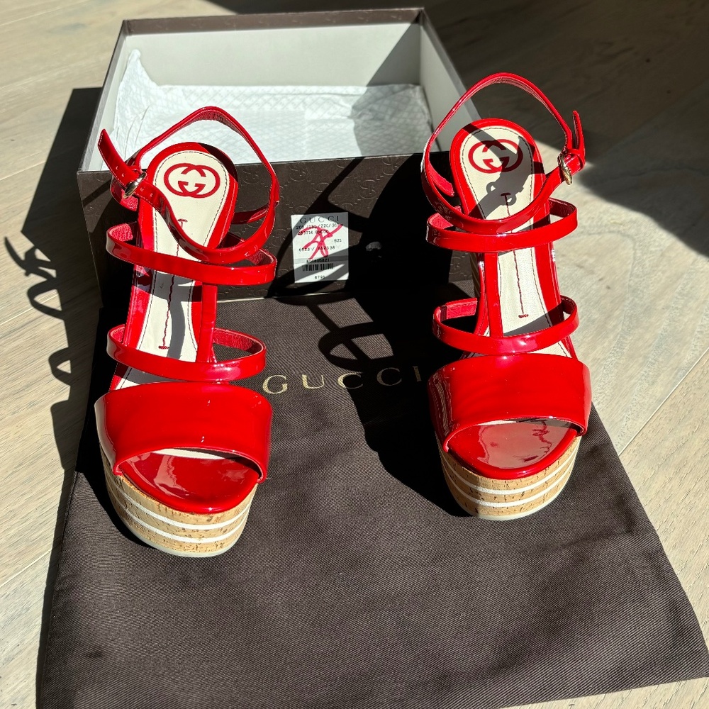 Gucci Red Patent Leather Wedge Sandals